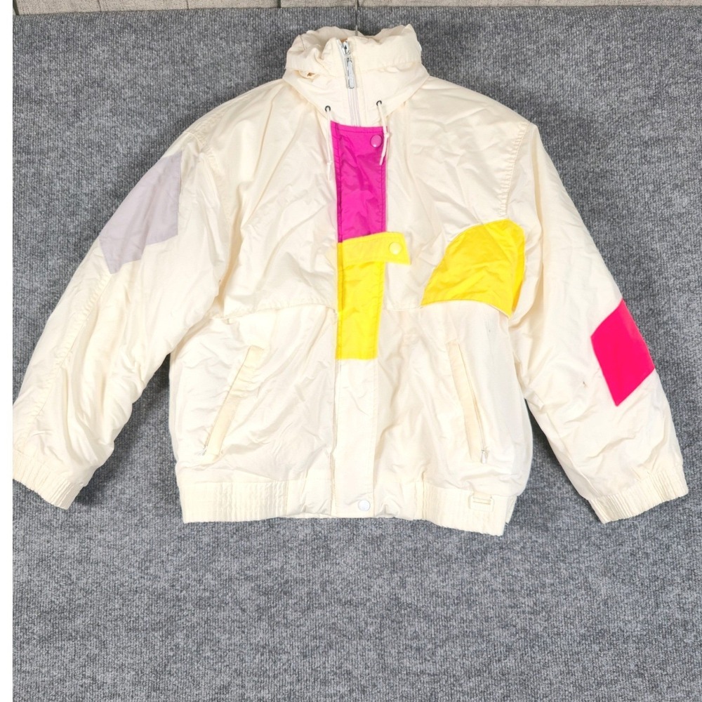 VTG Ossi Skiwear Womens Cream Pink Yellow Geometric Zip Up Ski Jacket Size S